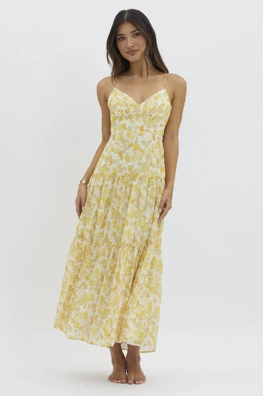 Pink Dresses for Feminine -Yellow V Neckline Floral Print Maxi Dress