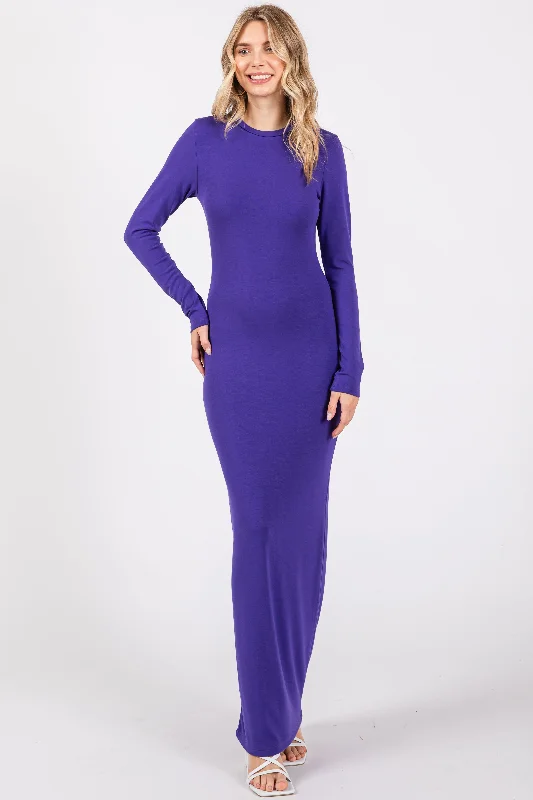 Wool Dresses for Warmth -Violet Long Sleeve Fitted Maxi Dress