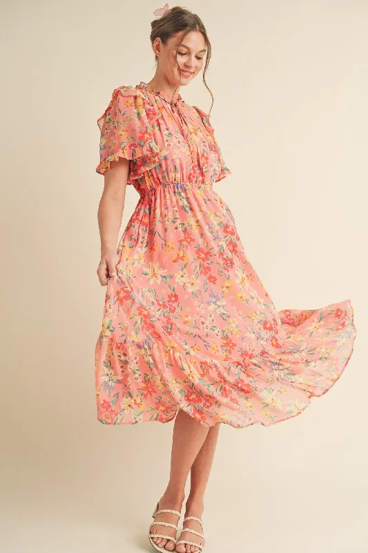 Sundress Dresses for Sunny -Coral Pink Floral Ruffle Accent Midi Dress