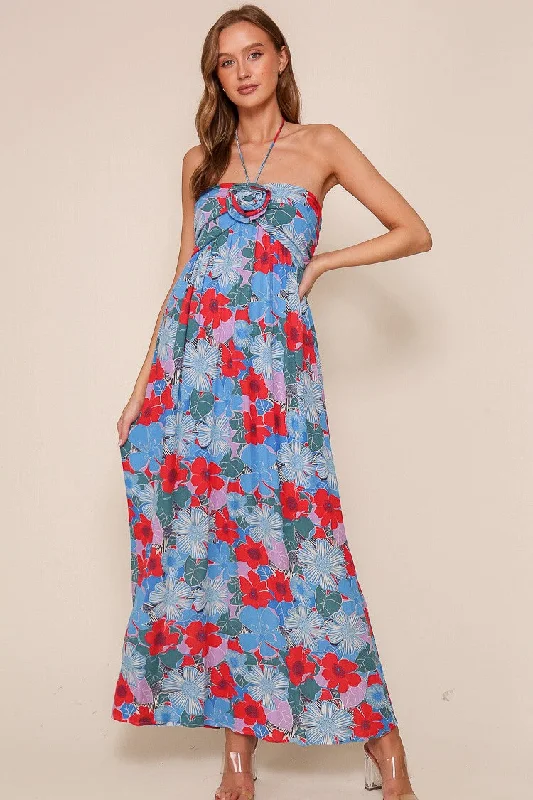 Mother's Day Dresses for Gift -Blue Floral Halter Maxi Dress