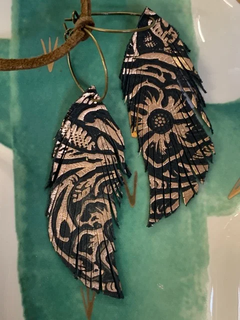 Drop Earrings with Floral Motifs -Genuine Leather Feather Earrings-Gold & Black