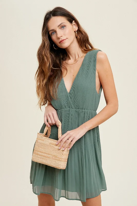 Off-shoulder Dresses for Feminine -Pistachio Pleated Mini Dress With Self Back Tie Detail