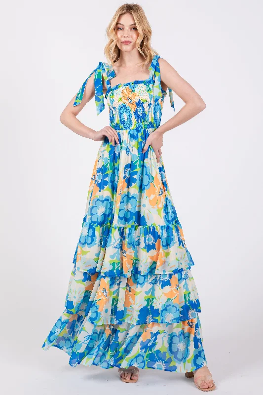 Orange Dresses for Energetic -Blue Floral Smocked Shoulder Strap Maxi Dress