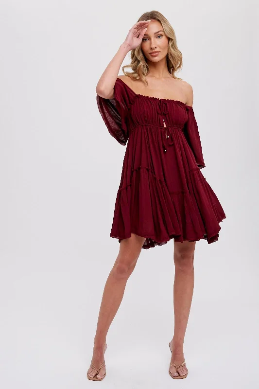 Party Dresses for Celebration -Burgundy Ruffle Hem  Ruched Mini Dress