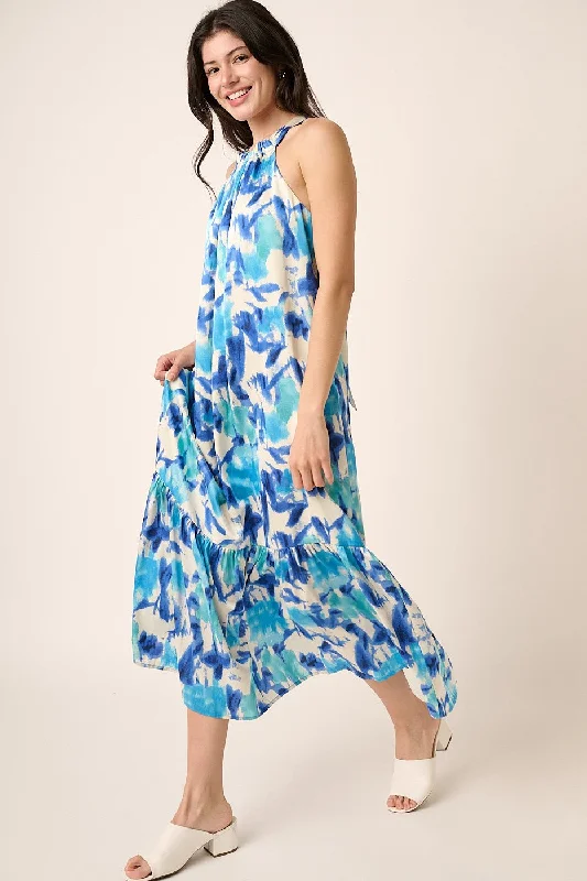 Faux Leather Dresses for Affordable -Blue Watercolor Print Satin Midi Dress