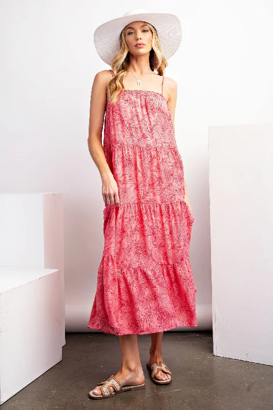 Long-sleeved Dresses for Coverage -Pink Coral Leaf Printed Peach Blossom Tiered Cami Dress