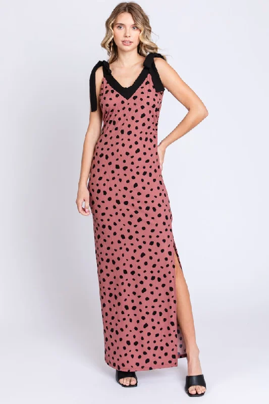 Blue Dresses for Classic -Mauve Ribbed Polka Dot Shoulder Tie Maxi Dress