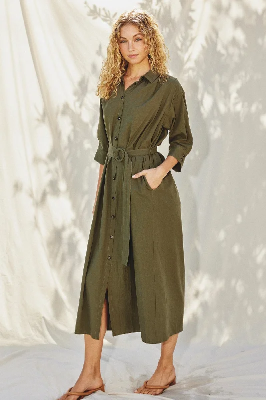 Spandex Dresses for Flexible -Washed Olive Buckle Detail Midi Dress