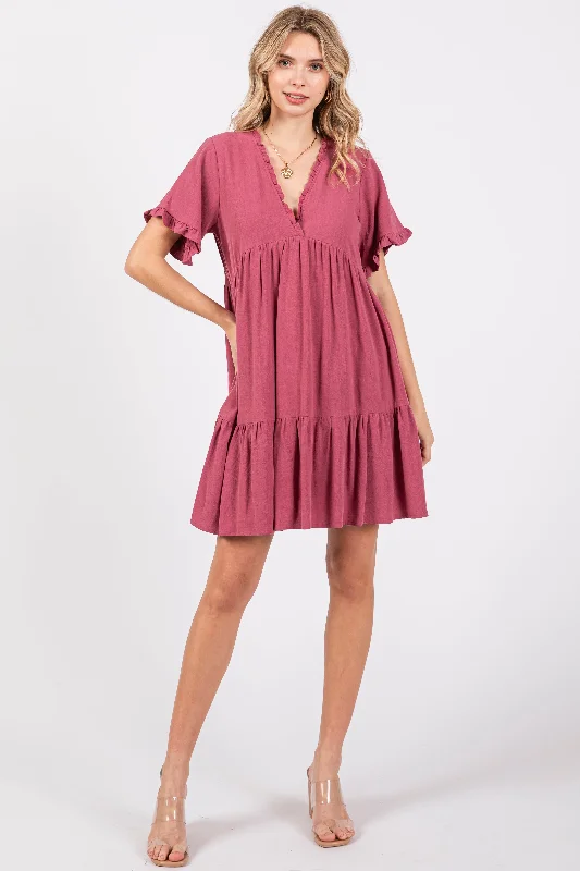 Embroidered Dresses for Detailed -Mauve Ruffle Hem Dress