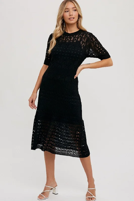 Work Dresses for Professional -Black Open Knit Crochet Midi Dress