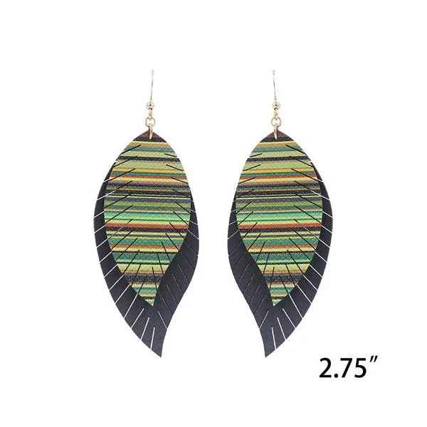 Drop Earrings for Shopping Trip -Black and Serape Feather Faux Leather Earrings