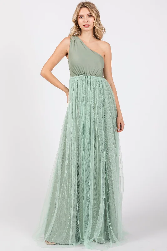 Satin Dresses for Shiny Look -Light Olive One Shoulder Tulle Maxi Dress