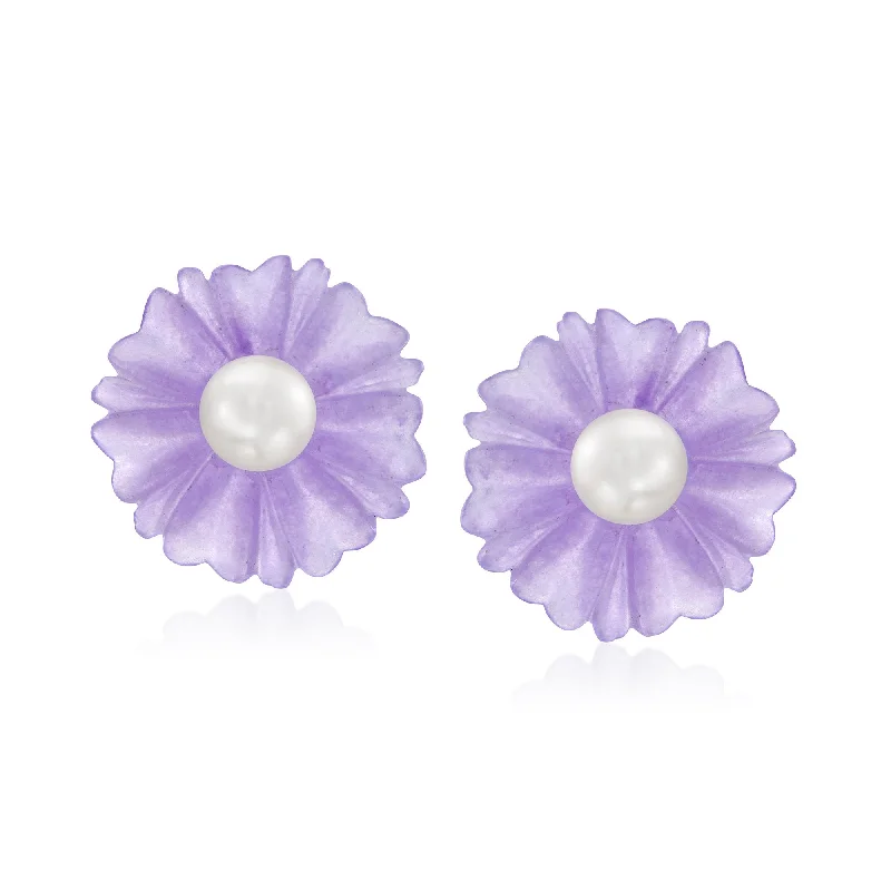 Drop Earrings for Graduation Day -Ross-Simons 8-8.5mm Cultured Pearl and Lavender Jade Flower Earrings With 14kt Yellow Gold