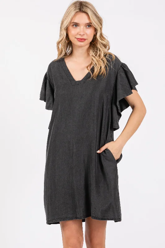 Work Dresses for Professional -Charcoal Ruffle Sleeve Mini Dress