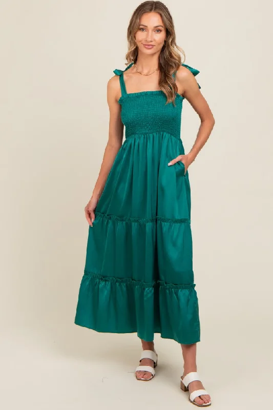 Mother's Day Dresses for Gift -Forest Green Satin Smocked Maxi Dress