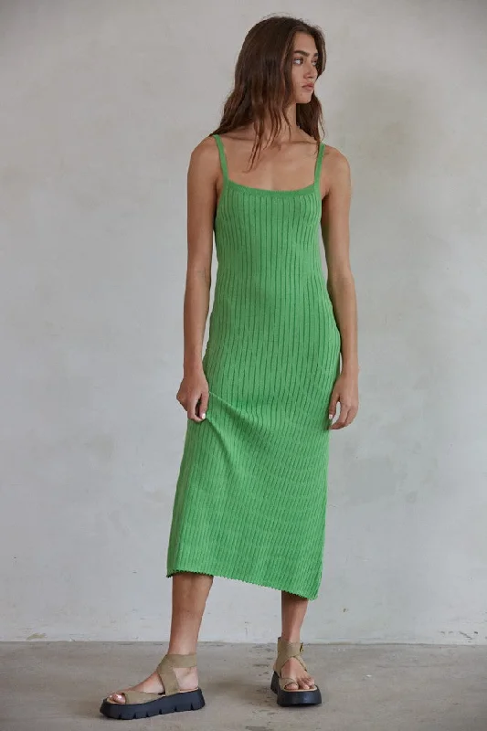 Animal Print Dresses for Fun -Green Square Neck Ribbed Sleeveless Midi Dress