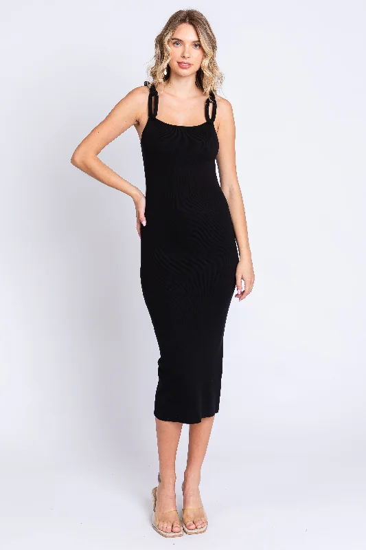 Lace Dresses for Delicate -Black Ribbed Chain Link Strap Midi Dress