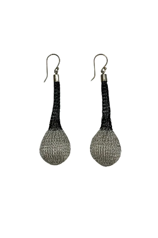 Drop Earrings with Textured Surface -Exclamation Silver & Oxidized Hand Crochet Mesh Earrings