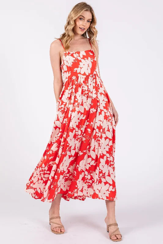 Cocktail Dresses for Party Time -Red Leaf Print Satin Square Neck Midi Dress