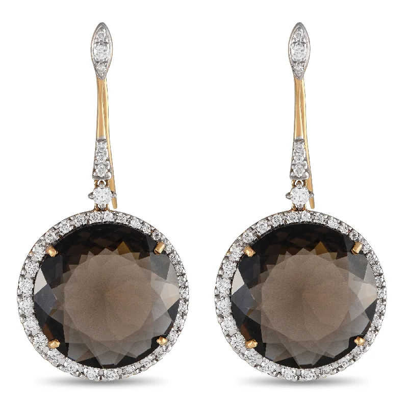 Heavy Duty Drop Earrings for Durability -Casato Yellow Gold 1.12ct Diamond and Smokey Quartz Drop Earrings 200498