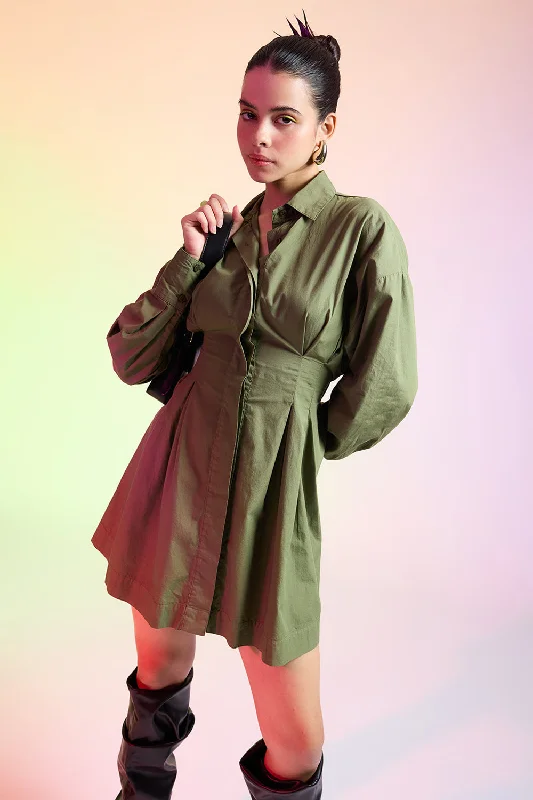 Abstract Dresses for Creative -Olive Green Cotton Shirt Dress