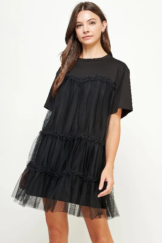 Short-sleeved Dresses for Summer -Black Tulle Overlay Tiered Mini Dress