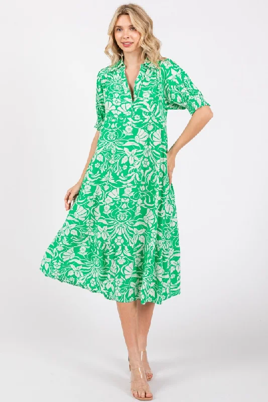 Buttoned Dresses for Stylish -Green Floral V-Neck Tiered Midi Dress