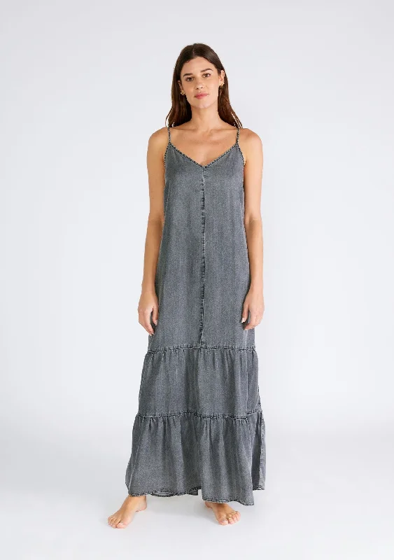 Wedding Dresses for Bridal Look -Charcoal Chambray Ruffle Hem Maxi Dress