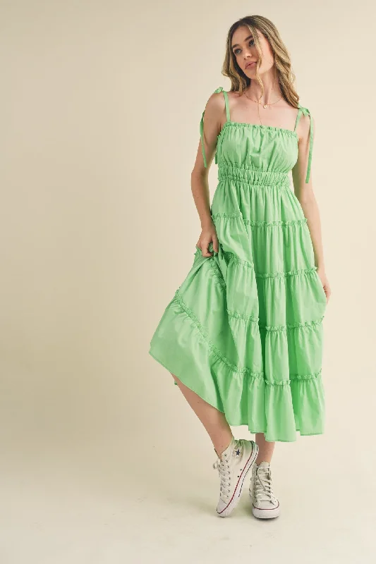 Silk Dresses for Luxurious -Lime Tiered Tie Strap Midi Dress