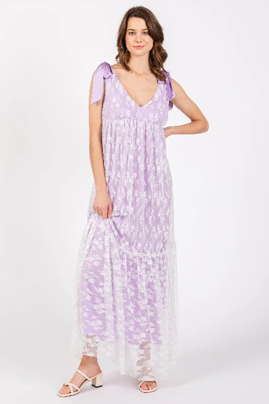 Linen Dresses for Breathable -Lavender V-Neck Satin Tie Lace Overlay Maxi Dress