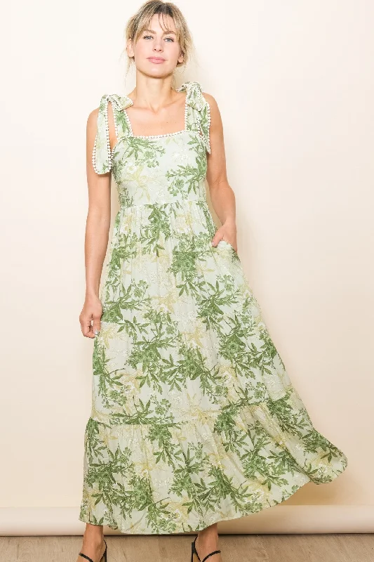 Office Dresses for Business -Green Crochet Trim Floral Maxi Dress