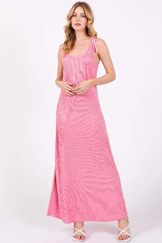 Ruffled Dresses for Girly -Pink Textured Tie Strap Midi Dress