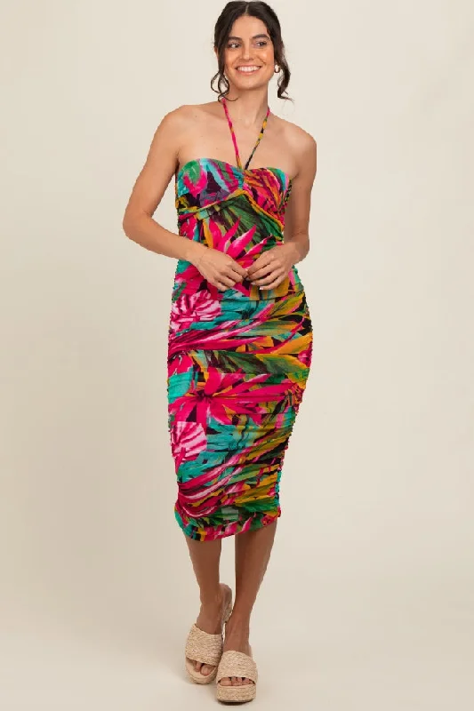 Sheath Dresses for Sophisticated -Fuchsia Tropical Halter Fitted Midi Dress