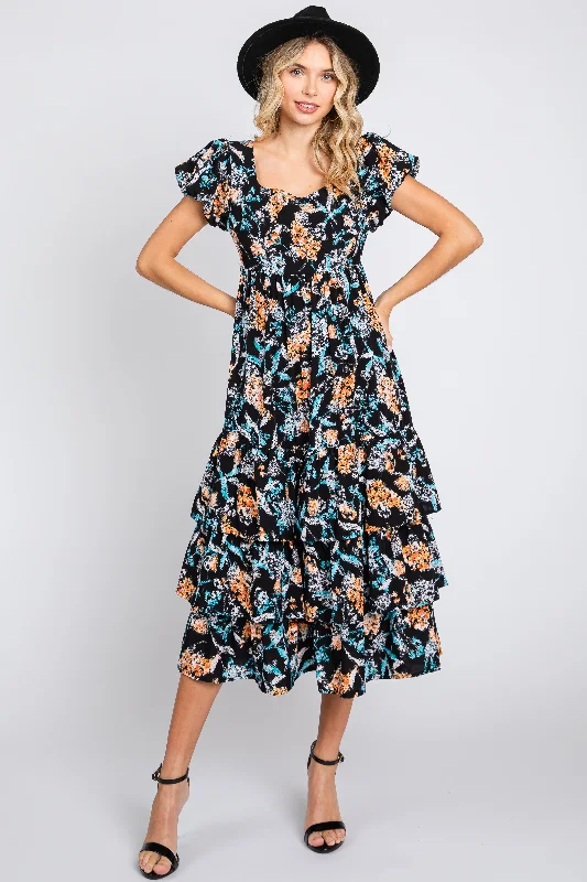 Vintage Dresses for Nostalgia -Black Floral Puff Sleeve Tiered Midi Dress