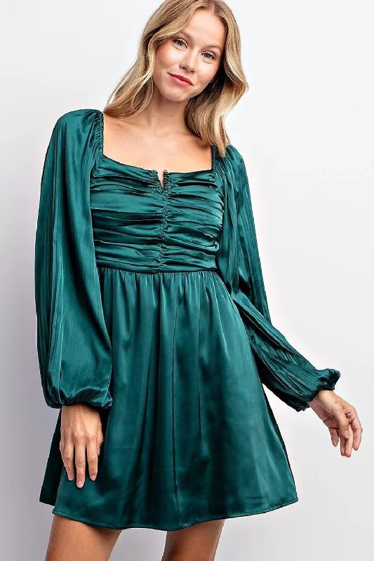 Solid Color Dresses for Simple -Hunter Green Pleated Bubble Sleeve Satin Mini Dress