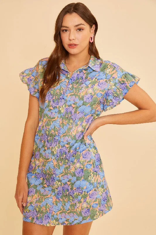 Minimalist Dresses for Simplicity -Blue Multi Floral Printed Frill Sleeve Shirt Mini Dress