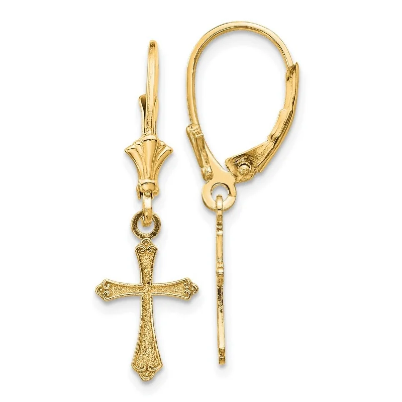 Drop Earrings for Yoga Session -Curata 10k Yellow Gold 29.62x9mm Textured Budded Cross Leverback Earrings