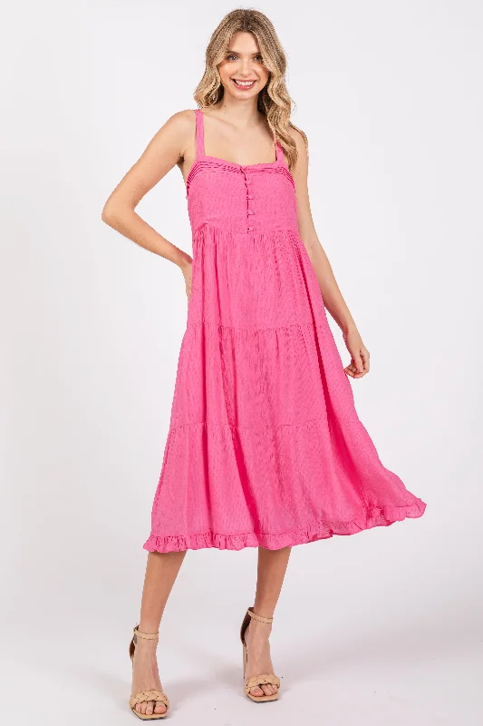 Wrap Dresses for Adjustable -Fuchsia Sleeveless Button Tiered Midi Dress