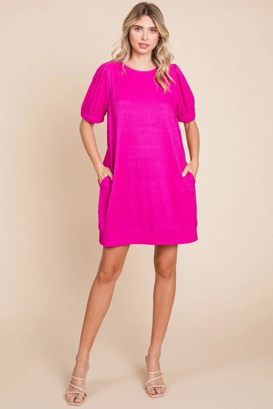 Maxi Dresses for Elegant Style -Fuchsia Textured Stripe Knit Short Puff Sleeve Dress