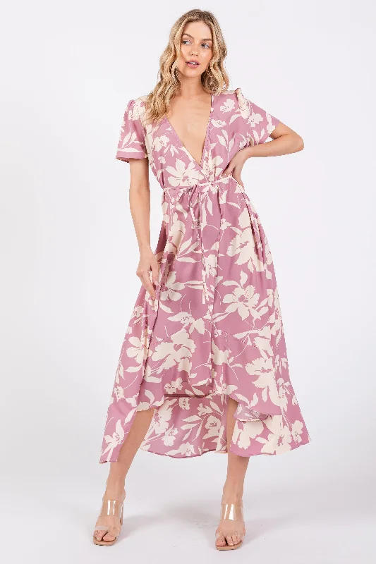 Khaki Dresses for Casual -Pink Floral V Neck High Low Dress