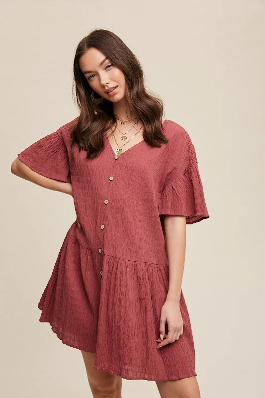 Midi Dresses for Versatile Wear -Deep Rose Crinkle Loose Fit Mini Dress