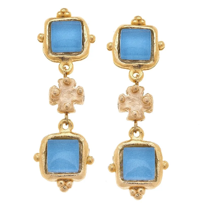 Ethnic Drop Earrings with Tribal Design -Susan Shaw Charlotte Deux Tier Earrings in Parisian Blue