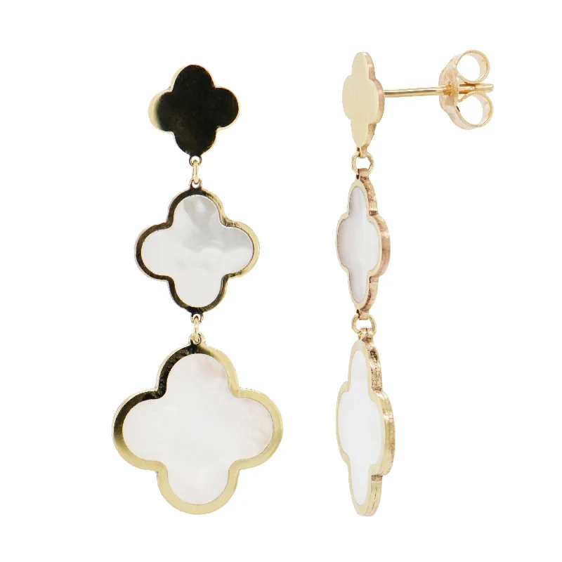 Drop Earrings with Vine Designs -Italian Gold 14K Yellow Gold Mother of Pearl Clover Dangle Earrings 1.50 Inch Length 2.60 grams