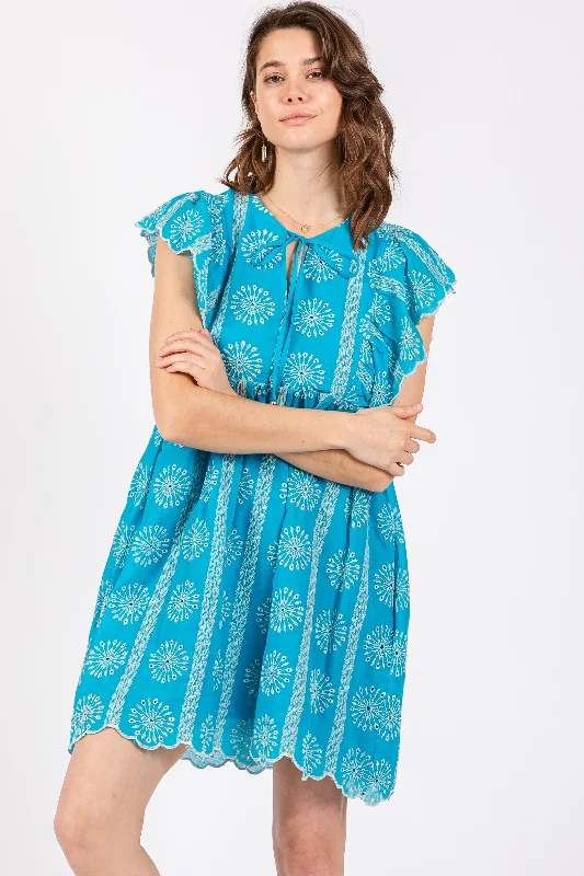 Retro Dresses for Throwback -Turquoise Embroidered Flutter Sleeve Dress