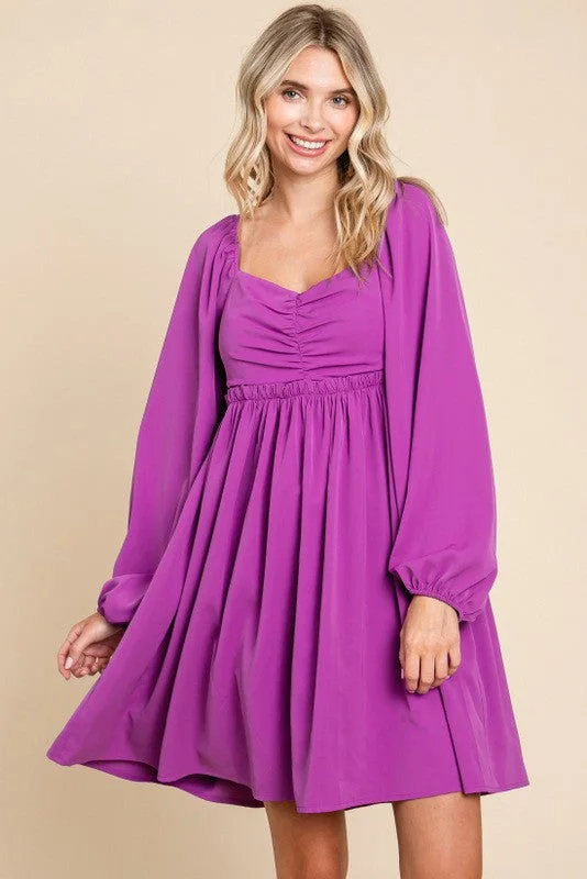 Ball Gown Dresses for Glamour -Purple Gathered Waist Long Sleeve Dress