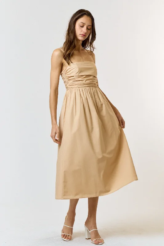 Studded Dresses for Statement -Beige Ruched Midi Dress