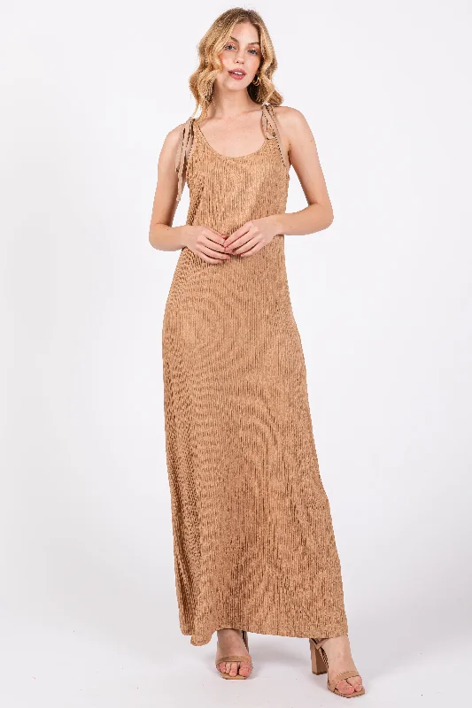 Studded Dresses for Statement -Mocha Textured Tie Strap Midi Dress