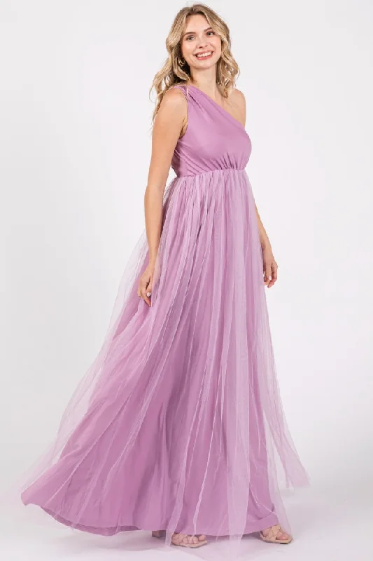 Celtic Dresses with Knotwork -Lavender One Shoulder Tulle Maxi Dress