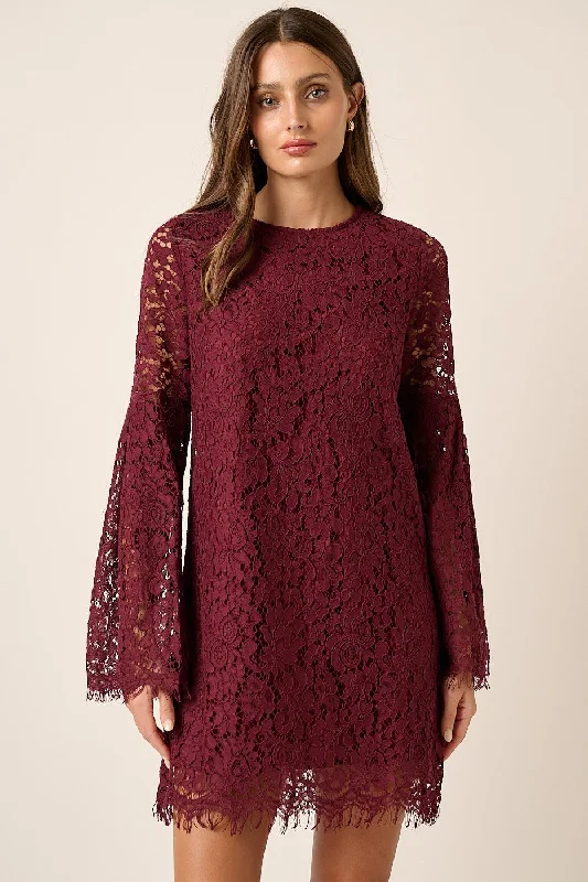 Green Dresses for Nature -Wine Eyelet Edge Lace Bell Sleeve Woven Dress