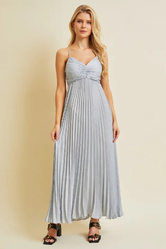 Belted Dresses for Shaping -Silver Pleated Back Cutout Tie Maxi Dress